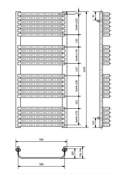 Grzejnik Luxrad OPTIMUS 1242X550 - rysunek techniczny